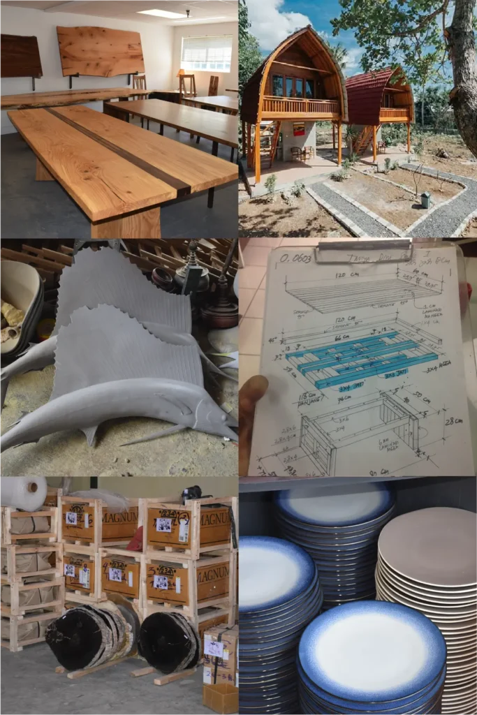 Portfolio showcasing diverse products including wooden furniture, a unique house design, ceramic sculptures, detailed architectural sketches, packaged goods, and ceramic plates.